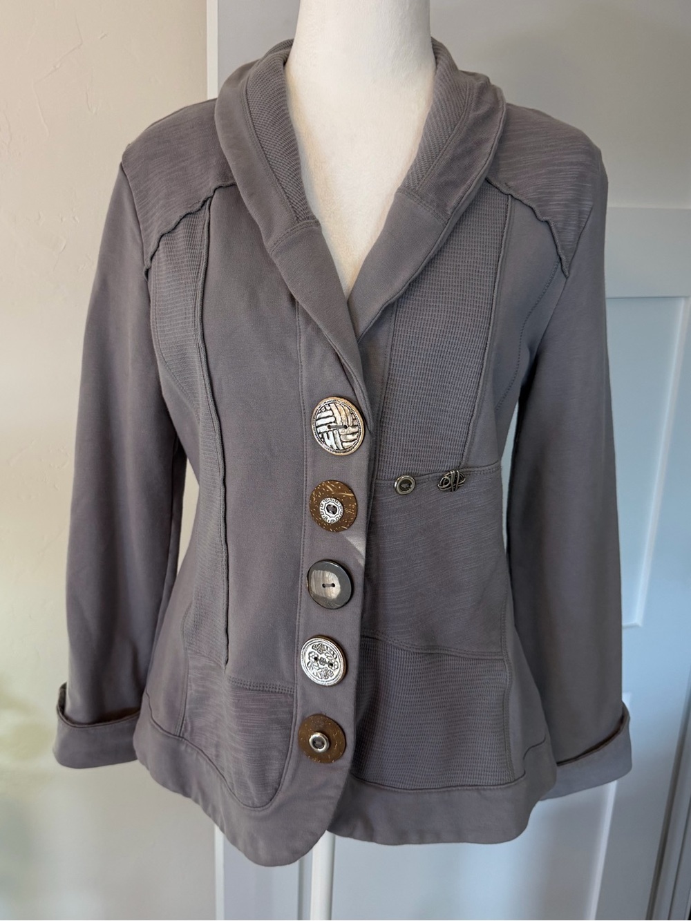 neon Buddah Artsy Cotton Shawl Collar Jacket with Mismatched Buttons